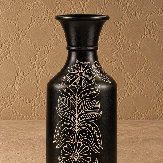 Botanical Bloom | Flower Vase, Silver Inlay, Black Pottery | Nizamabad, Azamgarh