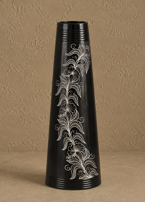 Floral Vine Silver Inlay Tall Black Pottery Vase – Handcrafted | Azamgarh Terracotta Art