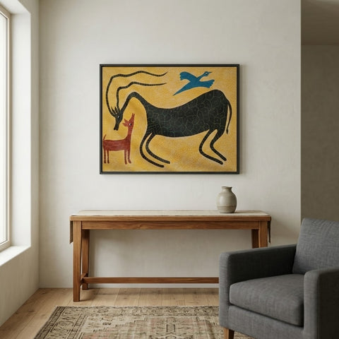 Antelope and the Young Deer - Hand Painted Animal Pithora art from Chhota Udaipur, Gujarat