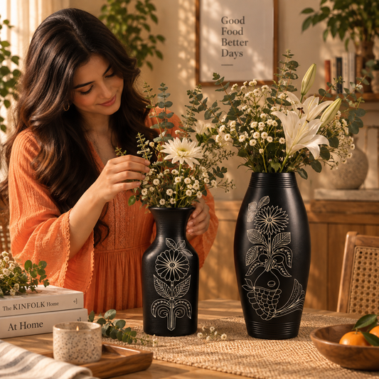 Botanical Tales | Decorative Vase Set, Black Pottery | Nizamabad, Azamgarh