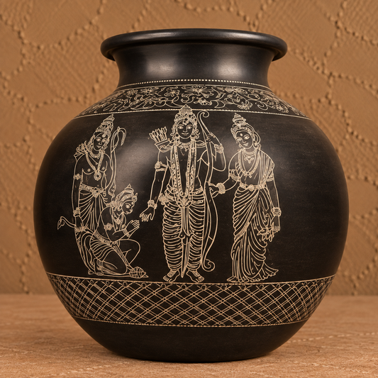 Ram Mandir & Ram, Lakshman and Sita Ji | Handcrafted Black Pottery Decorative Vase Matka| Nizamabad, Azamgarh