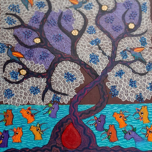 River Beneath the Listening Tree - Hand Painted Pithora art from Chhota Udaipur, Gujarat