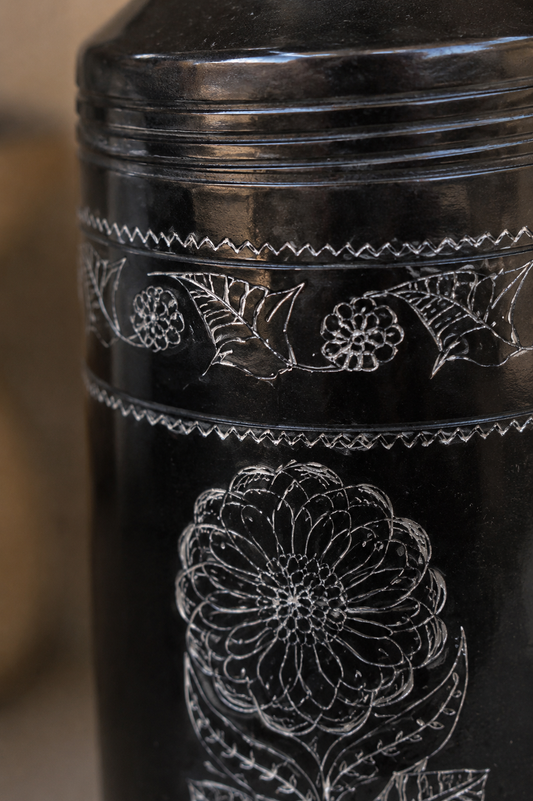 Obsidian Scepter | Flower Vase, Silver Inlay, Black Pottery | Nizamabad, Azamgarh