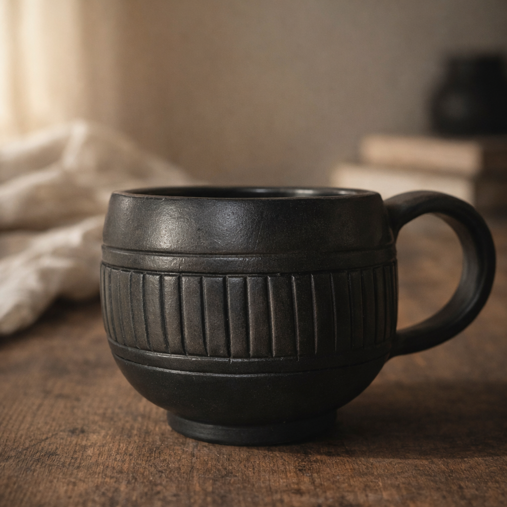 Ribbed Black Pottery Mug – Handcrafted Clay Coffee Cup | Azamgarh Terracotta Art