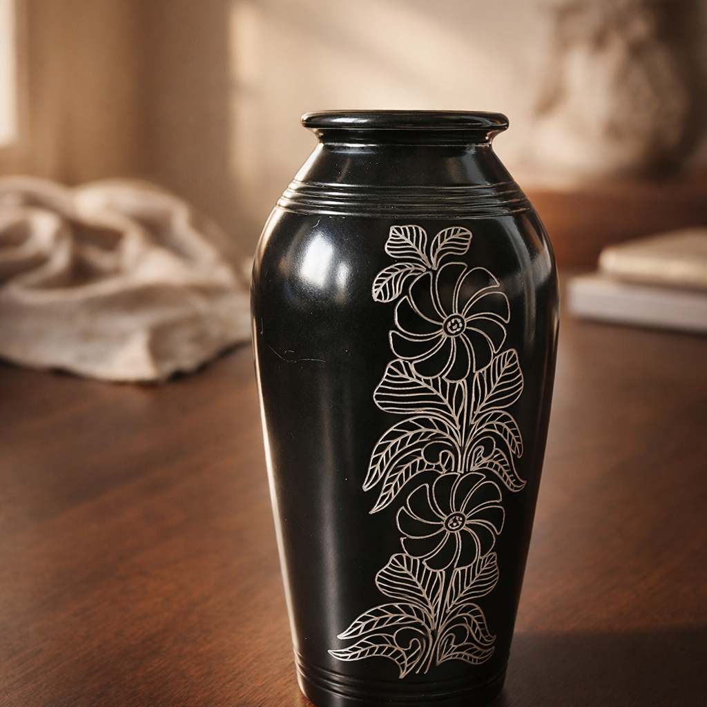 Floral Silver Inlay Black Pottery Vase – Handcrafted | Azamgarh Terracotta Art