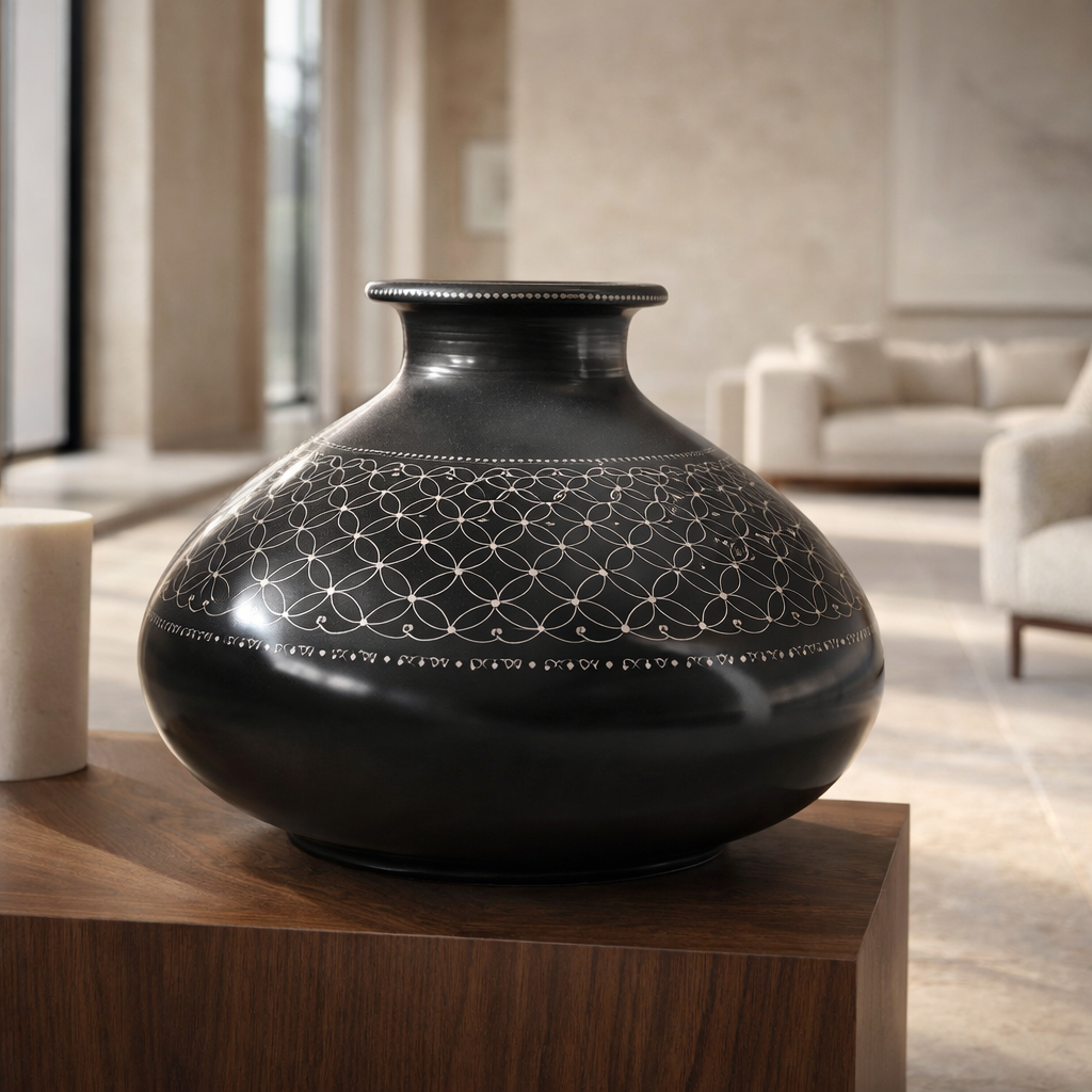 Geometric Silver Inlay Black Pottery Vase – Handcrafted | Azamgarh Terracotta Art