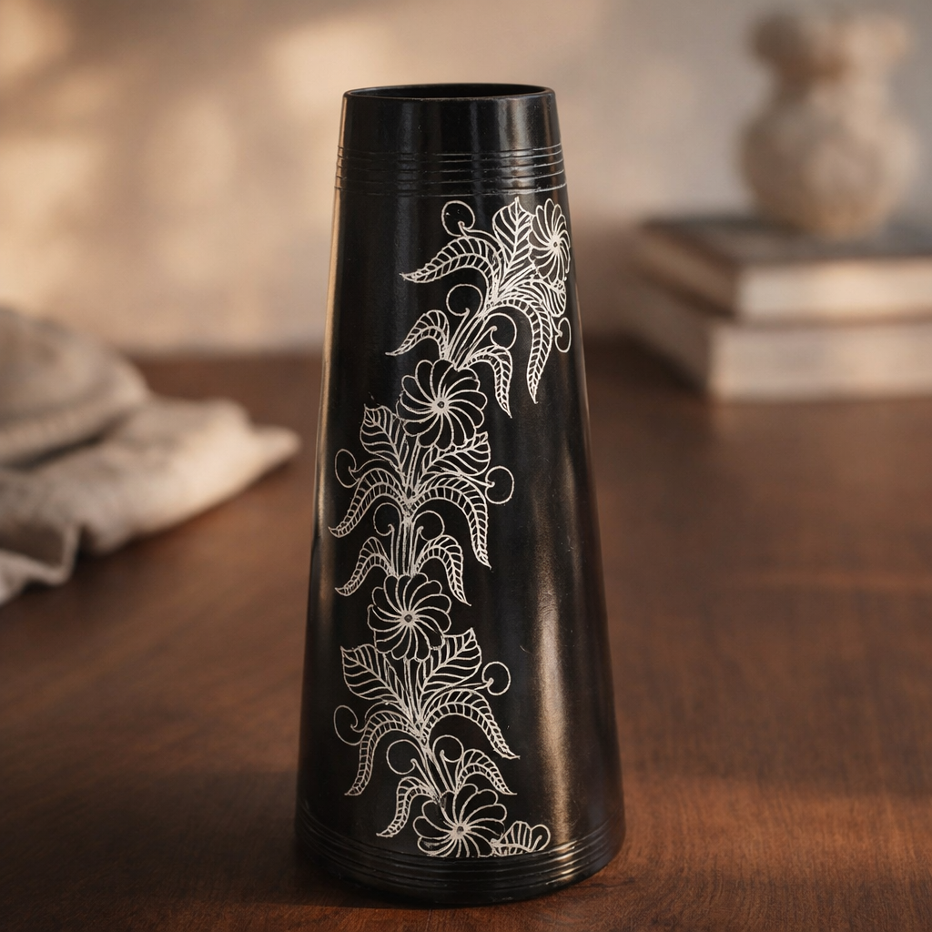 Floral Vine Silver Inlay Tall Black Pottery Vase – Handcrafted | Azamgarh Terracotta Art