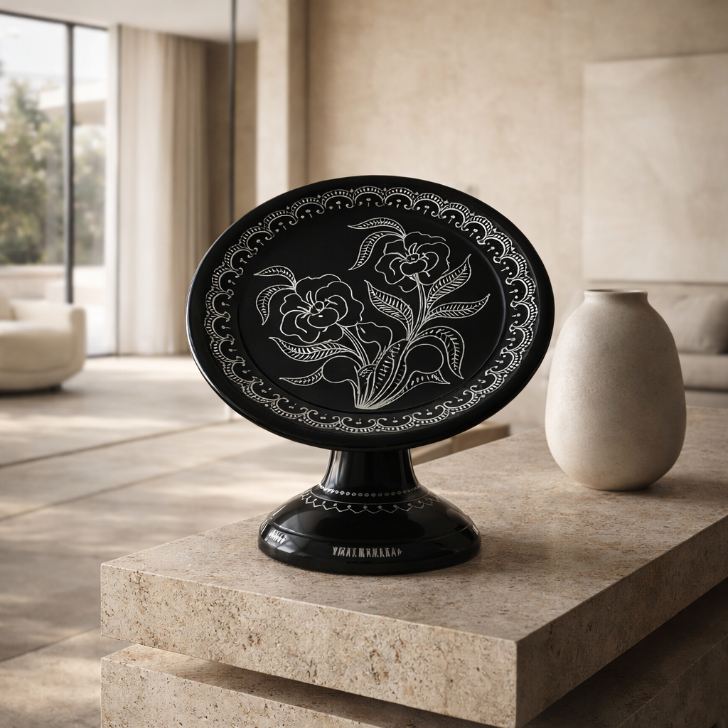 Pedestal Plate with Floral Engraving Handcrafted Black Pottery | Azamgarh Terracotta Art Decor