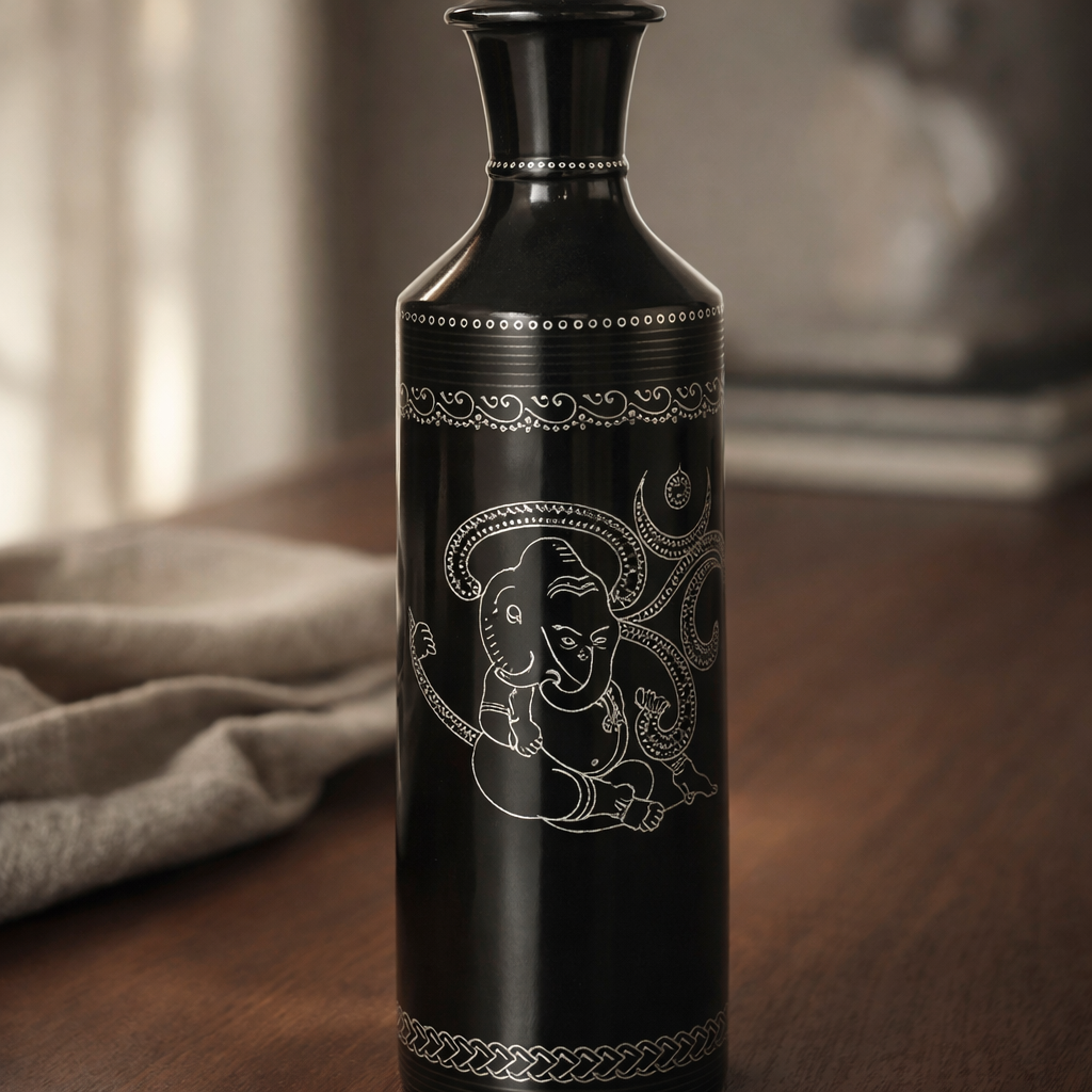 Ganesha Silver Inlay Vase – Handcrafted Black Pottery | Azamgarh Terracotta Art