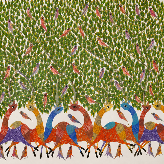 Deer Gathering Beneath the Living Forest — Hand Painted Gond Art from Madhya Pradesh