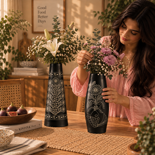 Heritage Bloom | Decorative Vase Set, Black Pottery | Nizamabad, Azamgarh
