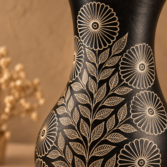 Phoolrekha | Flower Vase, Black Pottery, Silver Inlay | Nizamabad, Azamgarh