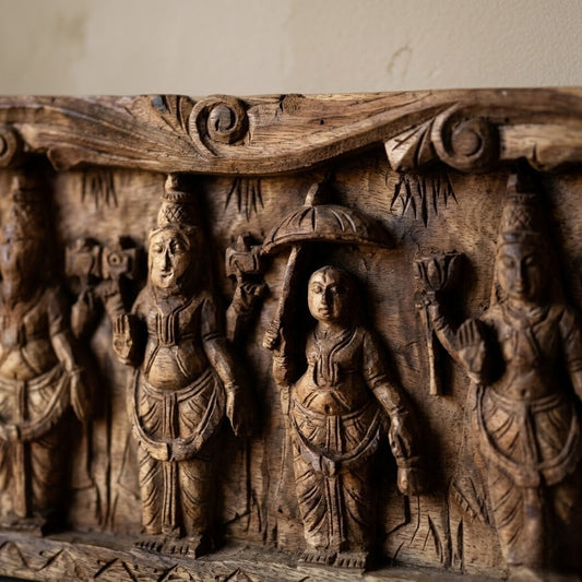 Vaikuntha Assembly Lintel - Hand Carved in Poola Wood from Madhavamala, Andhra Pradesh