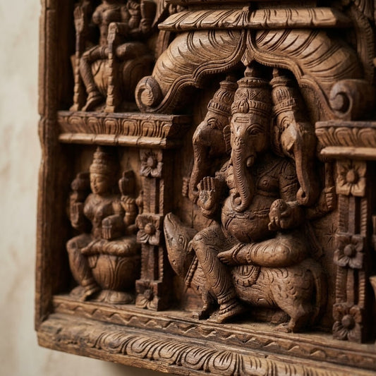 Trimukha Sabha Lintel -Hand Carved in Poola Wood from Madhavamala, Andhra Pradesh