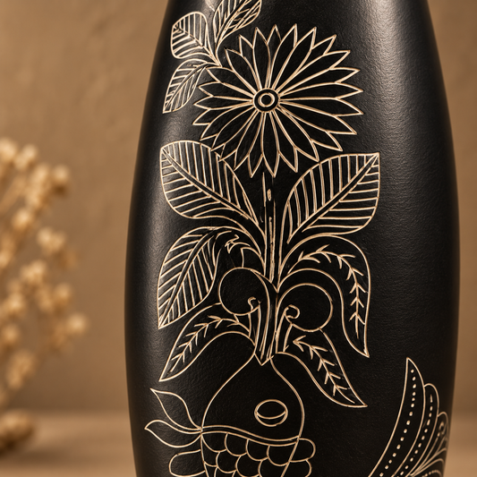 Matsya Bloom | Flower Vase, Silver Inlay, Black Pottery | Nizamabad, Azamgarh