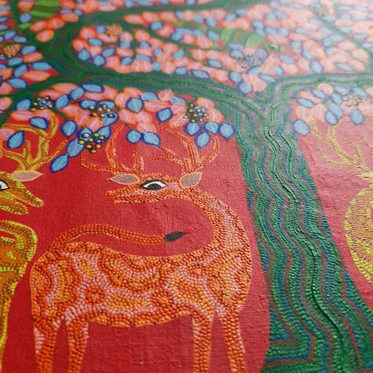 Gathering Beneath the Forest Tree - Hand Painted Pithora art from Chhota Udaipur, Gujarat