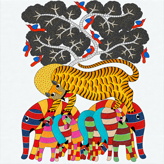 Tiger and Elephant Family — Hand Painted Gond Art from Madhya Pradesh