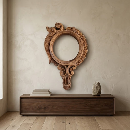 Pratibimba Mandala Wooden Mirror Frame - Hand Carved in Poola Wood - Madhavamala, Andhra Pradesh