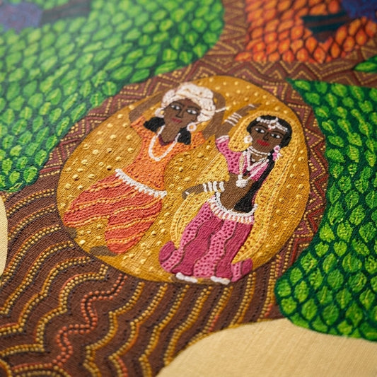Gathering Beneath the Sacred Tree - Hand Painted Pithora art from Chhota Udaipur, Gujarat