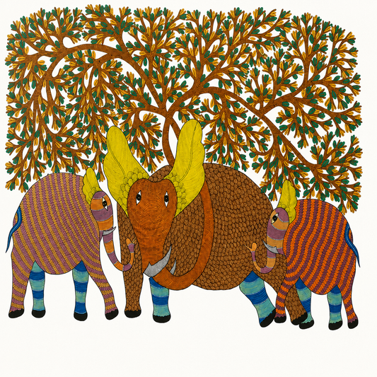 Elephants Beneath the Forest Canopy — Hand Painted Gond Art from Madhya Pradesh