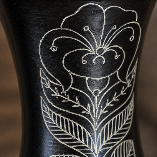 Trumpet Bloom | Flower Vase, Silver Inlay, Black Pottery | Nizamabad, Azamgarh