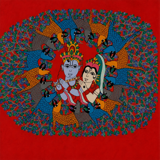 Radha Krishna with Forest Birds — Hand Painted Gond Art from Madhya Pradesh