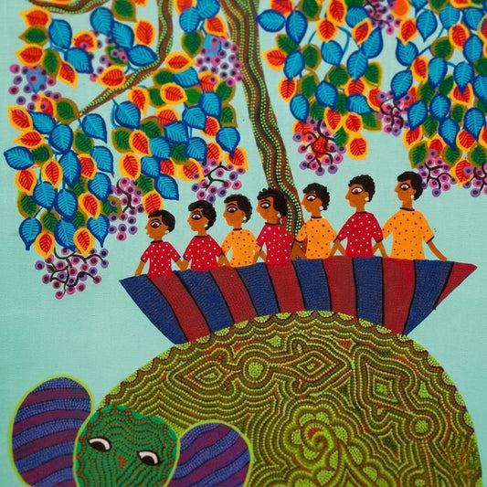 Elephant Carrying the Village - Hand Painted Pithora art from Chhota Udaipur, Gujarat