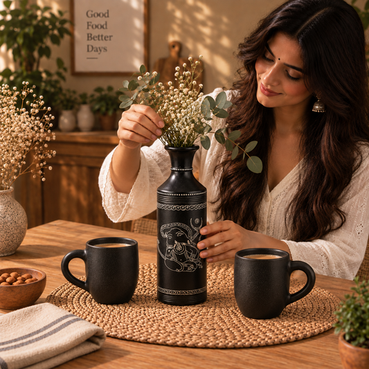Sacred Lines | Decorative Vase & Mug Set, Black Pottery | Nizamabad, Azamgarh