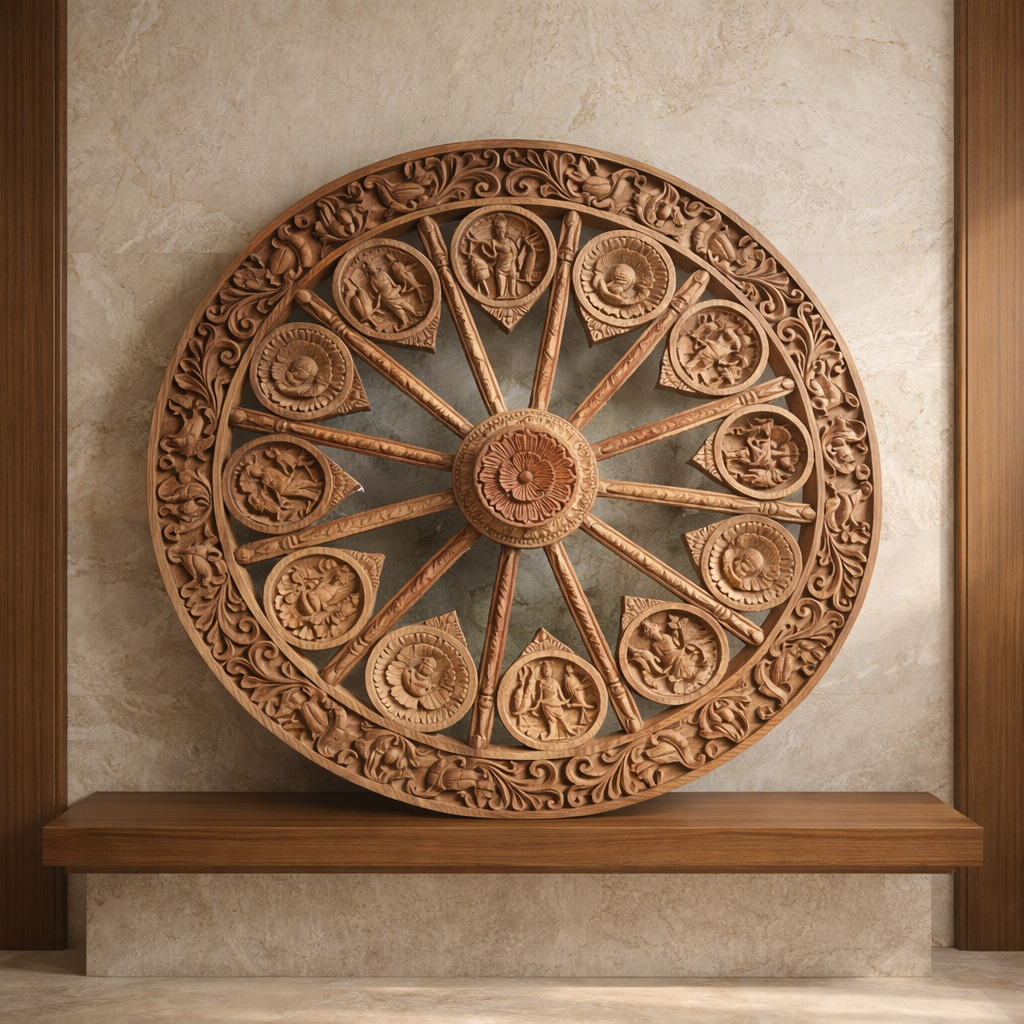 Astalakshmi Wheel Wall Panel in Poola Wood – Hand Carved Temple Sculpture from Madhavamala, Andhra Pradesh