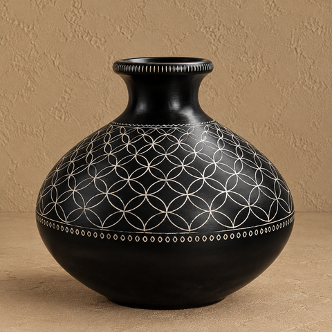 Geometric Silver Inlay Black Pottery Vase – Handcrafted | Azamgarh Terracotta Art