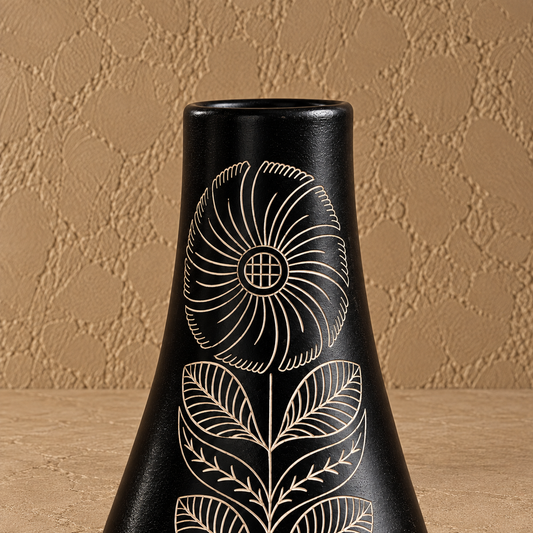 Botanical Bloom | Flower Vase, Floral Silver Inlay, Black Pottery | Nizamabad, Azamgarh