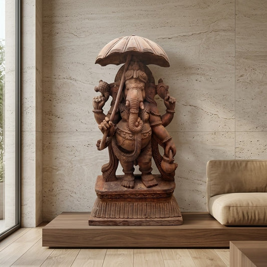 Chatra Ganapati Pratima - Hand Carved in Poola Wood from Madhavamala, Andhra Pradesh