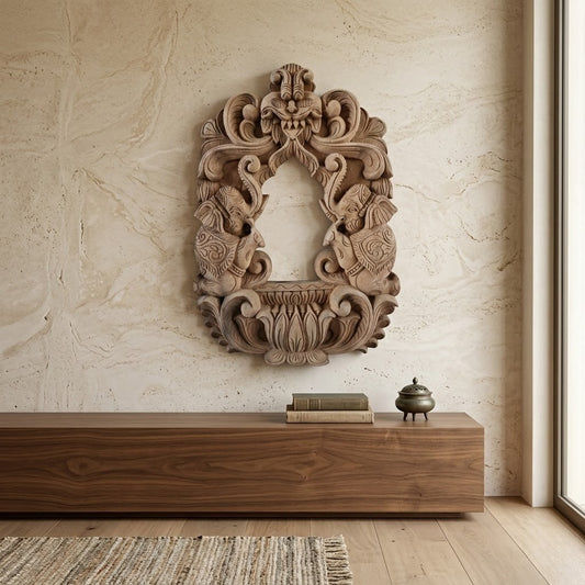 Gaja Dvara Wooden Mirror Frame- Hand Carved in Poola Wood from Madhavamala, Andhra Pradesh