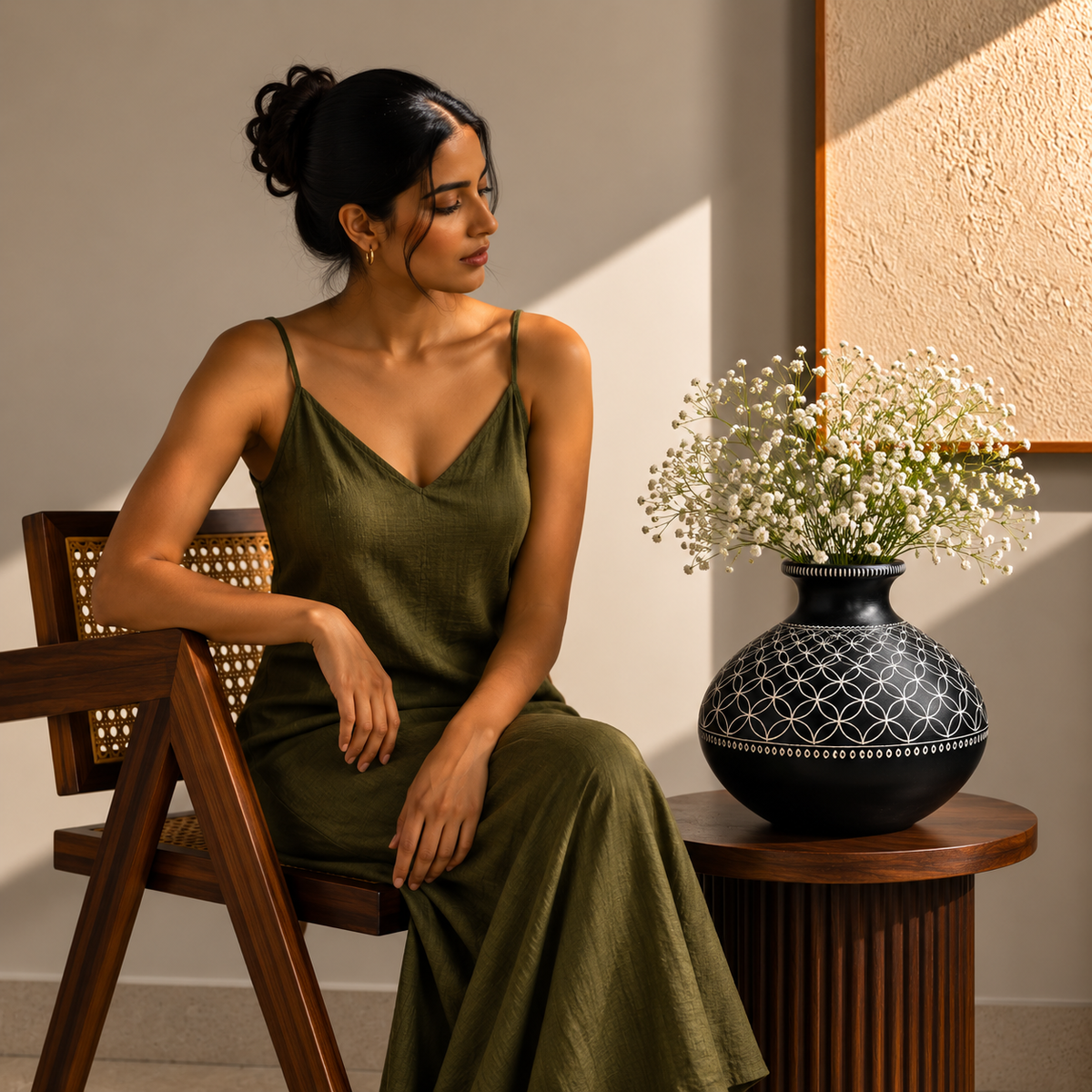 مزهرية من الفخار الأسود مرصعة بالفضة بتصميم هندسي - مصنوعة يدوياً | فنون أزامجاره تيراكوتا