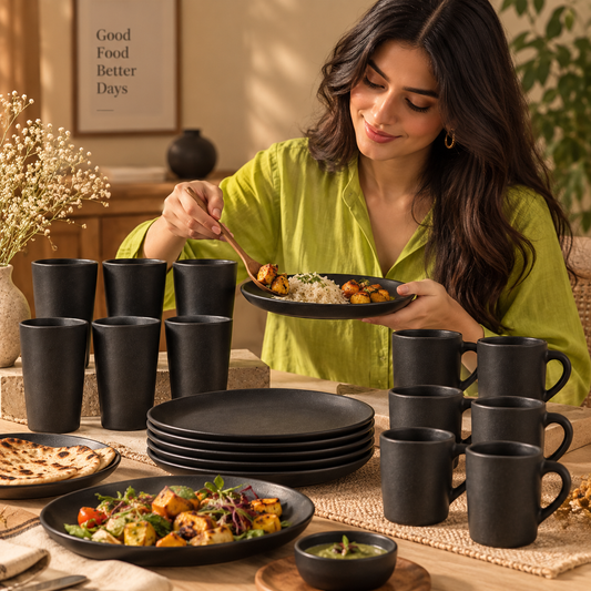 Obsidian Table Set | Plates, Tumblers & Mugs, Black Pottery | Nizamabad, Azamgarh