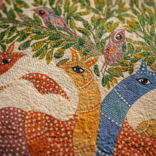 Deer Gathering Beneath the Living Forest — Hand Painted Gond Art from Madhya Pradesh