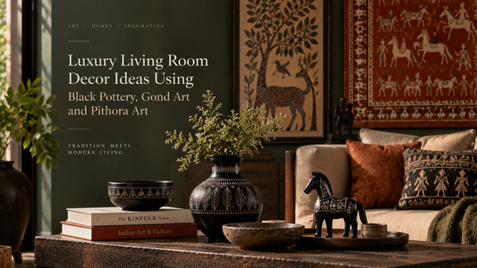 Luxury Living Room Decor Ideas Using Black Pottery, Gond Art and Pithora Art