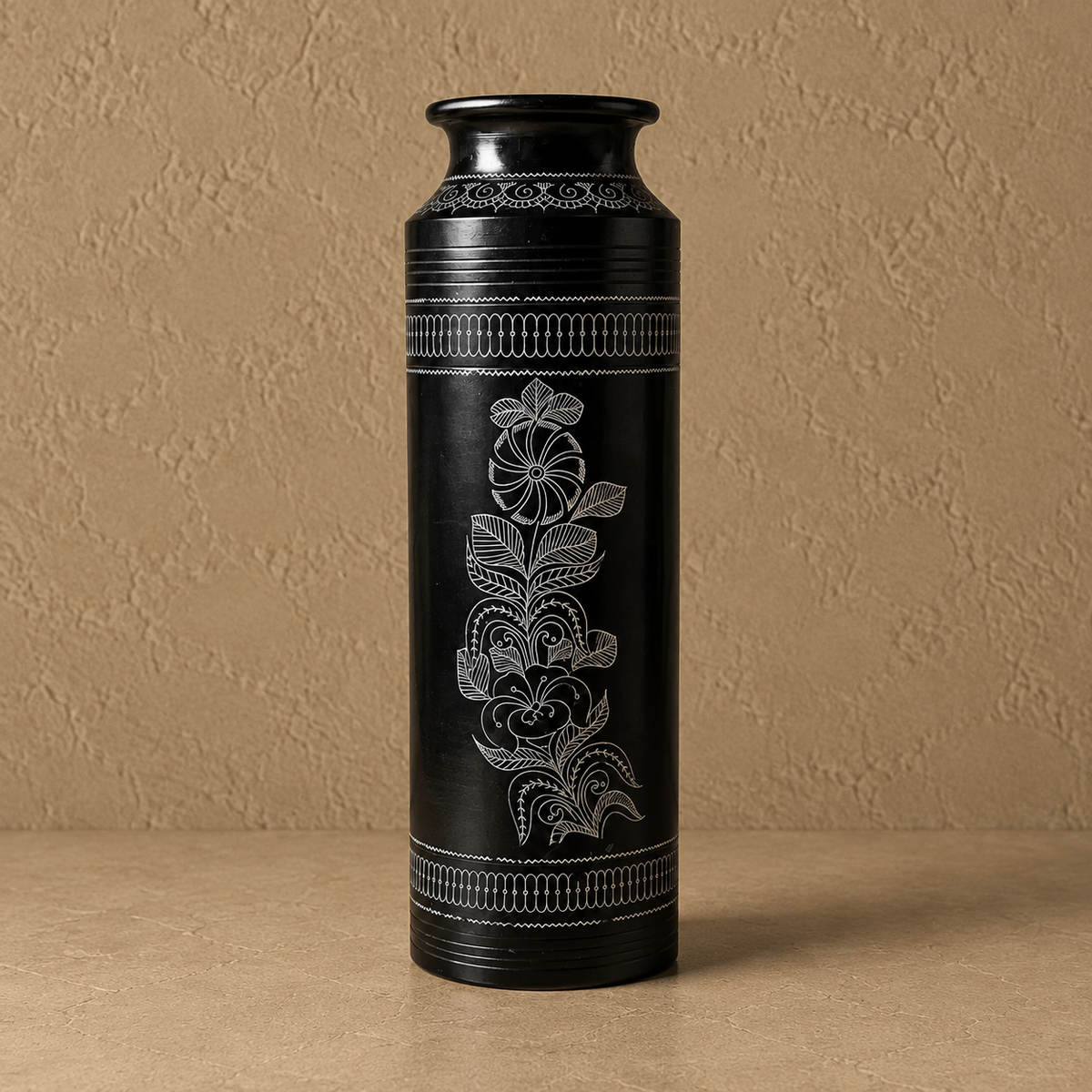 The Floral Sentinel | Flower Vase, Silver Inlay, Black Pottery | Nizamabad, Azamgarh