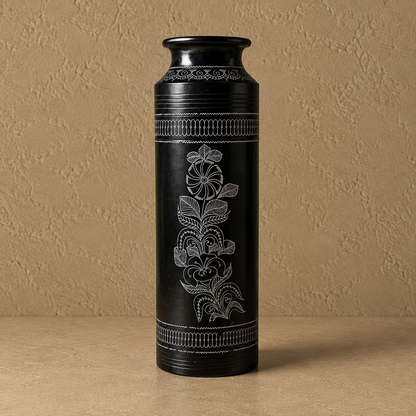 The Floral Sentinel | Flower Vase, Silver Inlay, Black Pottery | Nizamabad, Azamgarh