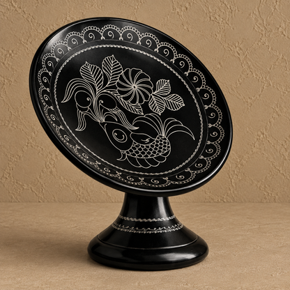 Fish Floral Silver Inlay Pedestal Plate – Handcrafted Black Pottery | Azamgarh Terracotta Art