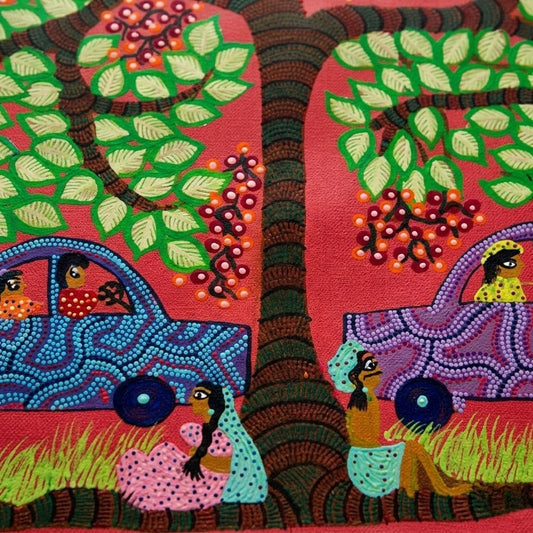 Journeys Beneath the Village Tree - Hand Painted Pithora art from Chhota Udaipur, Gujarat