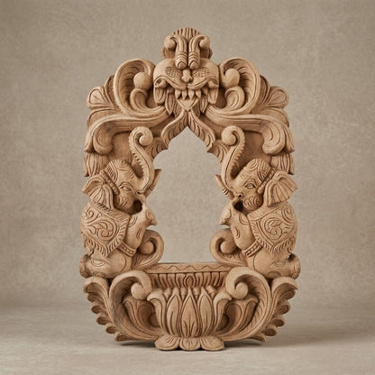Gaja Dvara Wooden Mirror Frame-  Hand Carved in Poola Wood from Madhavamala, Andhra Pradesh