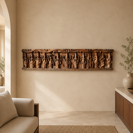 Vaikuntha Assembly Lintel - Hand Carved in Poola Wood from Madhavamala, Andhra Pradesh