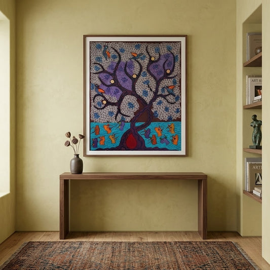 River Beneath the Listening Tree - Hand Painted Pithora art from Chhota Udaipur, Gujarat