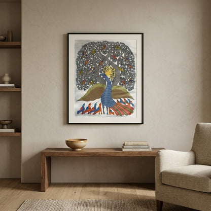 Peacock Tree — Hand Painted Gond Art Painting from Madhya Pradesh