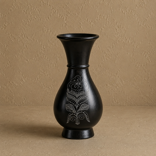 Regal Curve | Flower Vase, Silver Inlay, Black Pottery | Nizamabad, Azamgarh