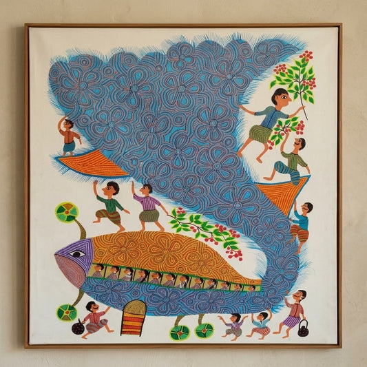 Bird That Carries the Village - Hand Painted Pithora art from Chhota Udaipur, Gujarat