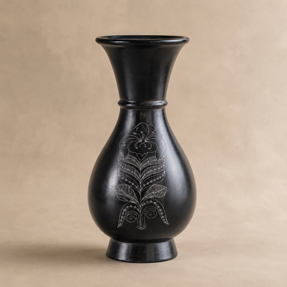 Regal Curve | Flower Vase, Silver Inlay, Black Pottery | Nizamabad, Azamgarh