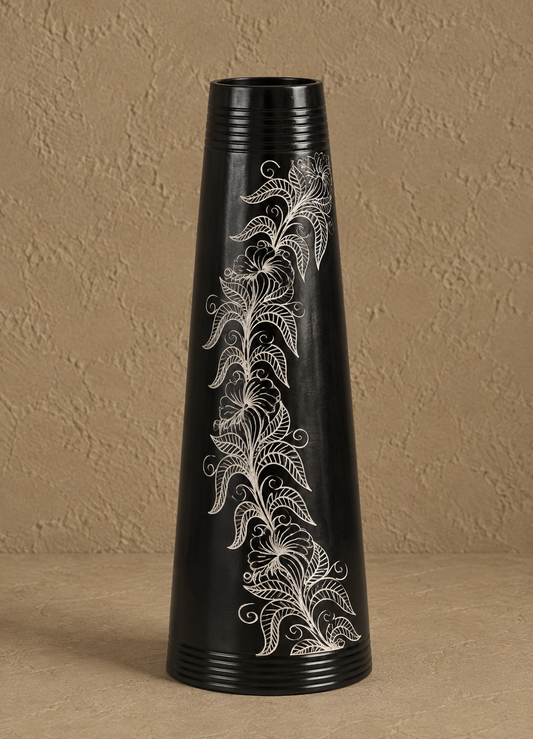 Floral Vine Silver Inlay Tall Black Pottery Vase – Handcrafted | Azamgarh Terracotta Art