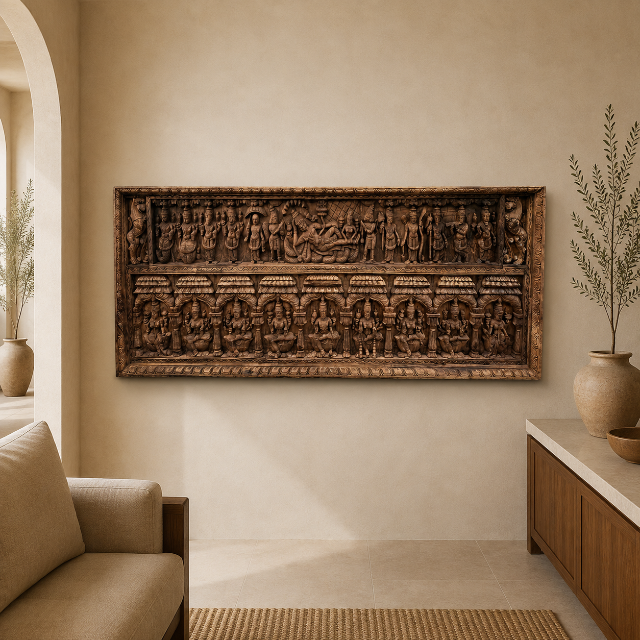 Dashavatara Aṣṭalakshmi Sabha Panel - Hand Carved in Poola Wood from Madhavamala, Andhra Pradesh